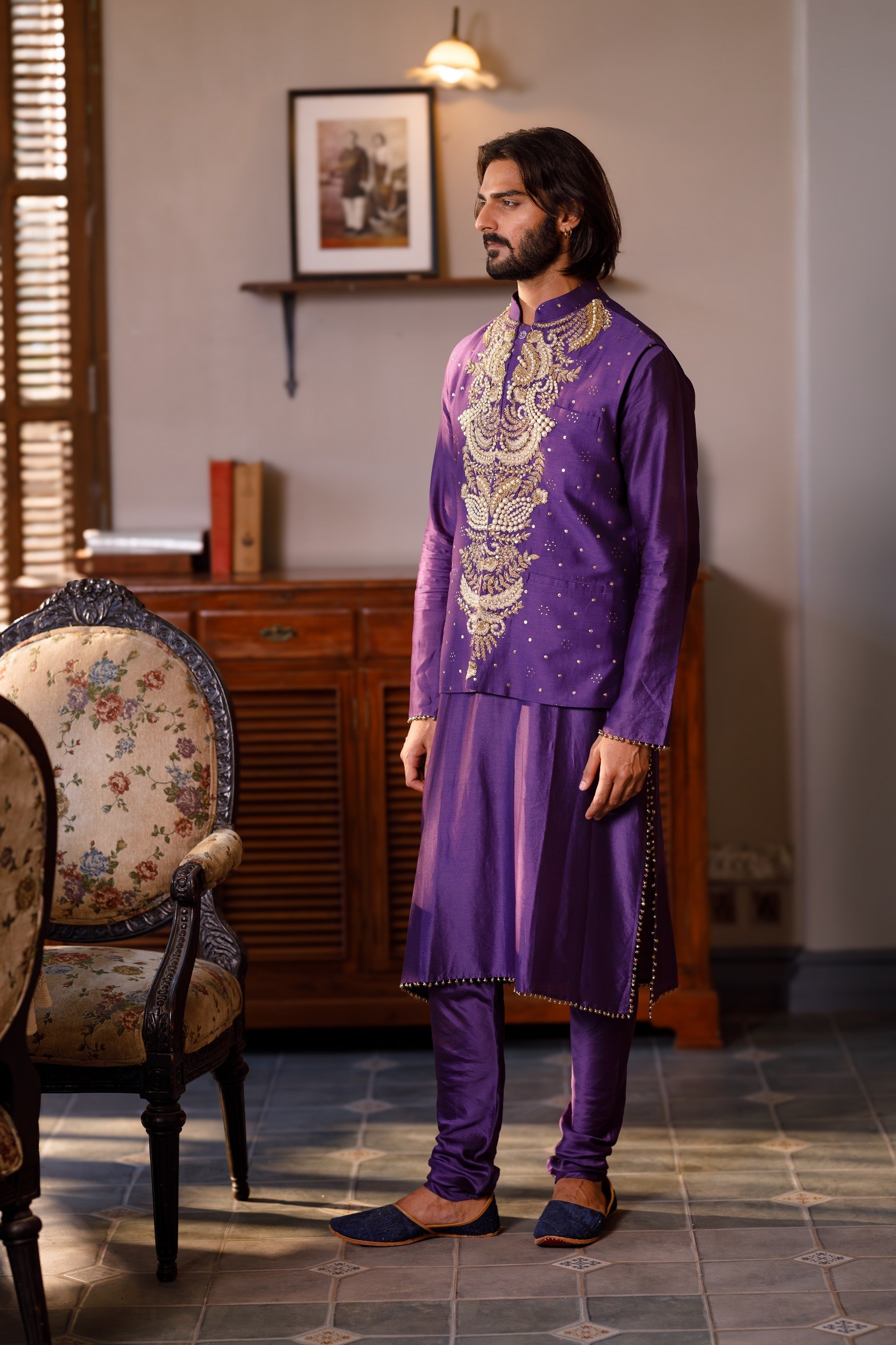 Purple Embroidered Bandi With Kurta And Churidar