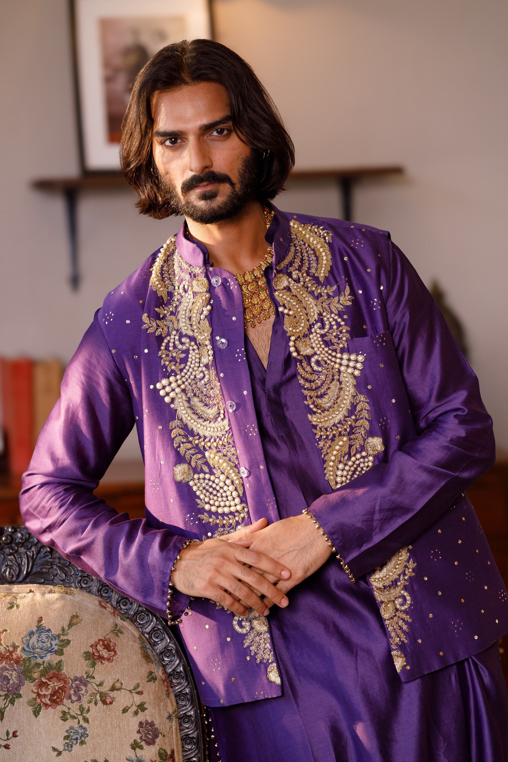 Purple Embroidered Bandi With Kurta And Churidar