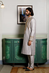 Grey Embroidered Sherwani With Pant