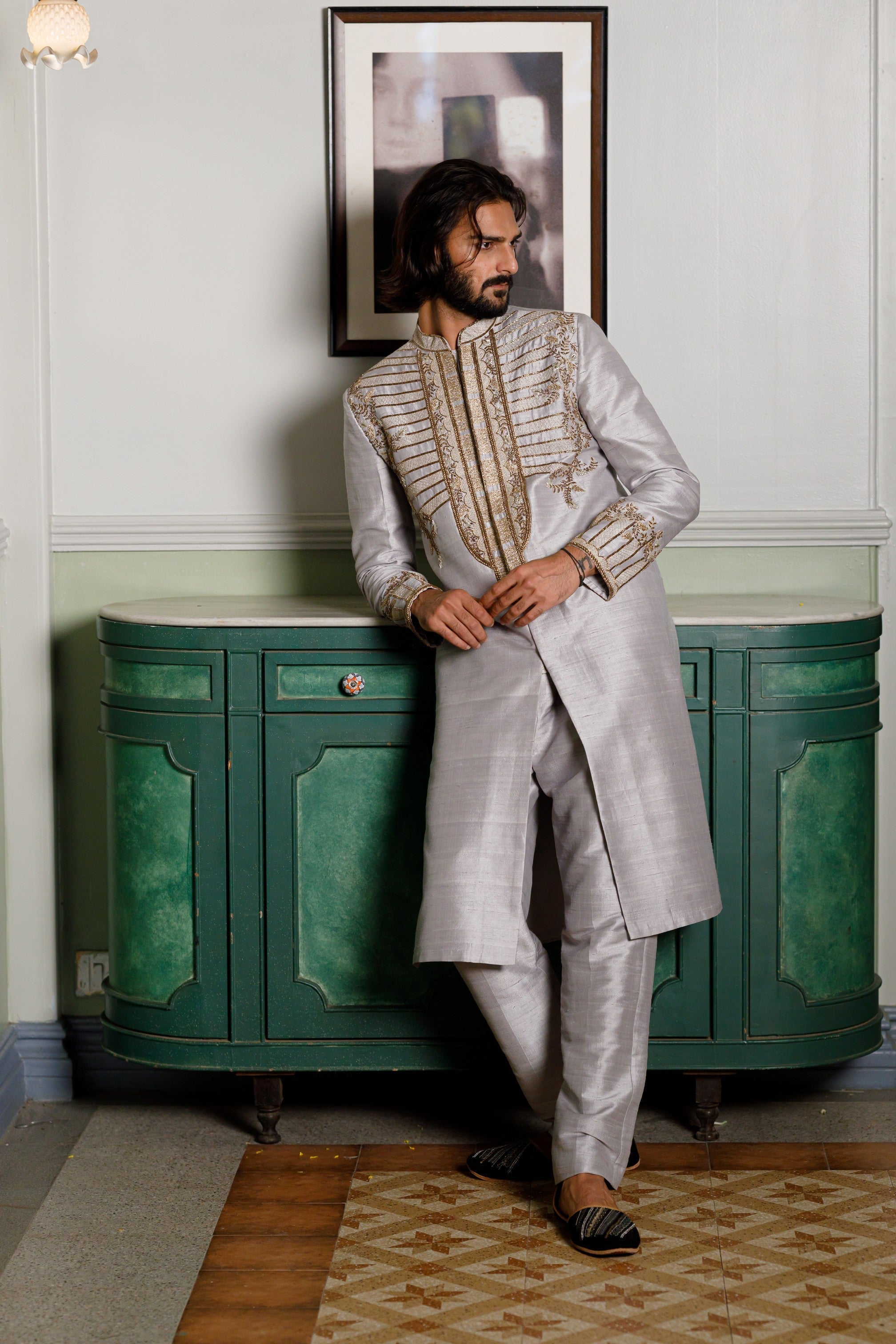 Grey Embroidered Sherwani With Pant