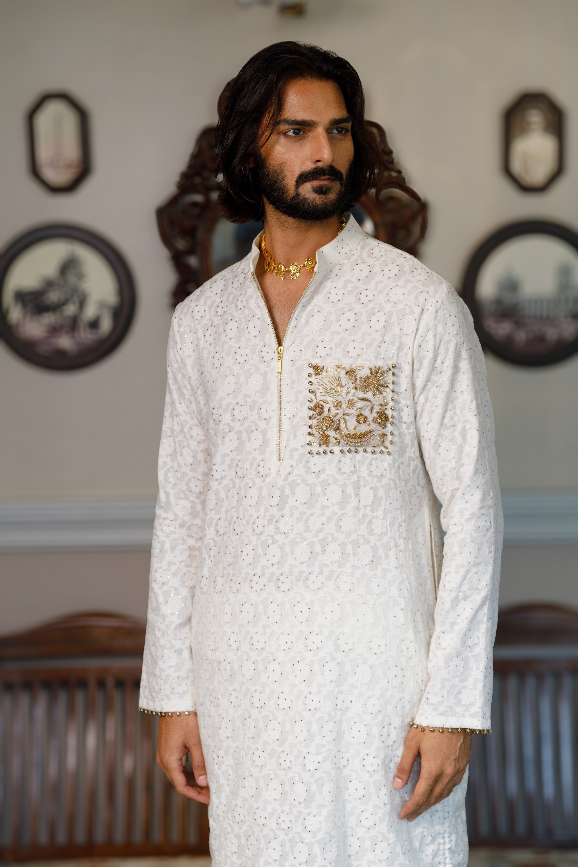 Off White Pocket Embroidered Kurta With Pant