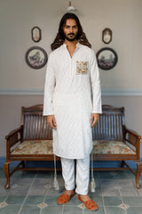 Off White Pocket Embroidered Kurta With Pant