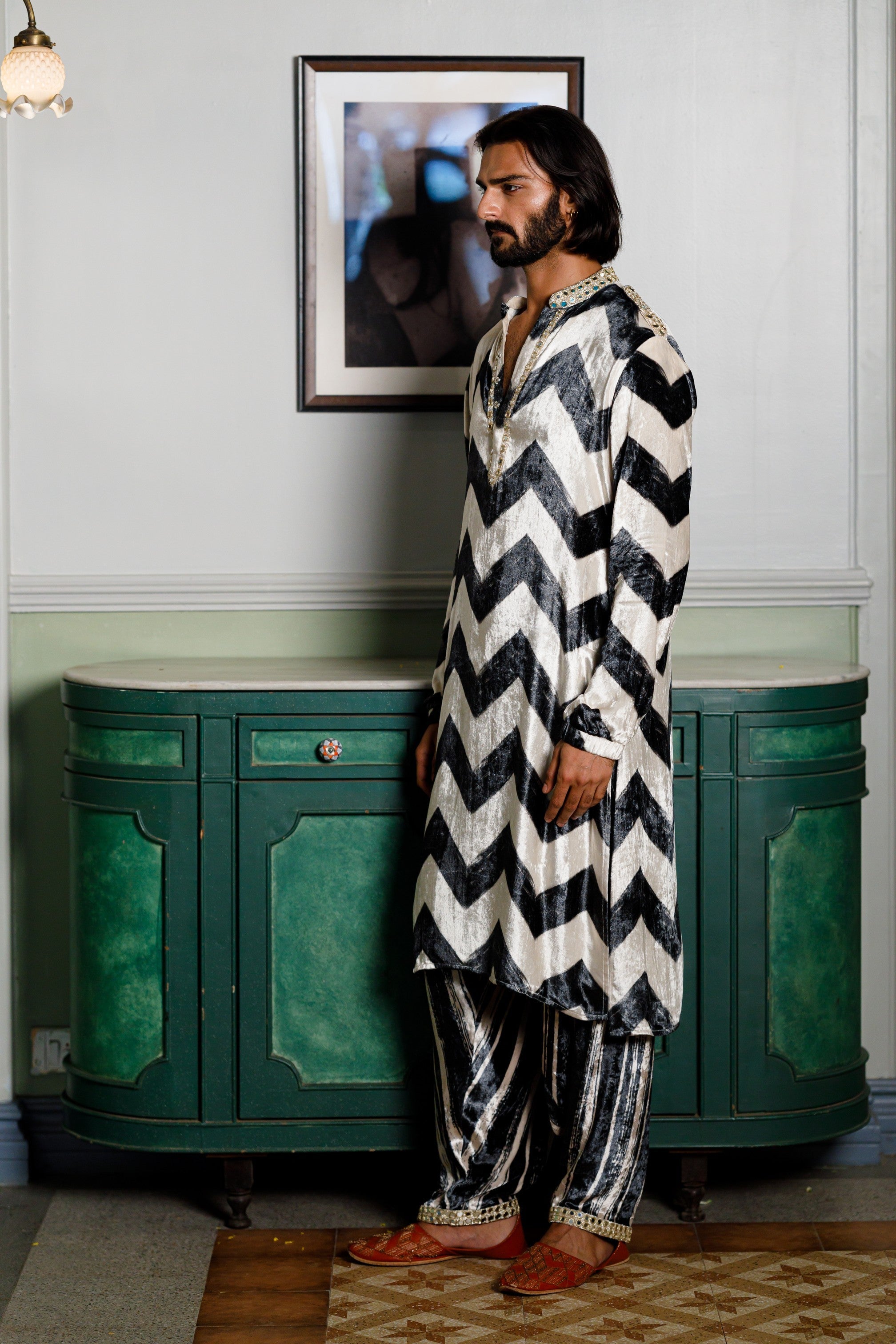 Chevron Printed Embroidered Kurta And Salwar