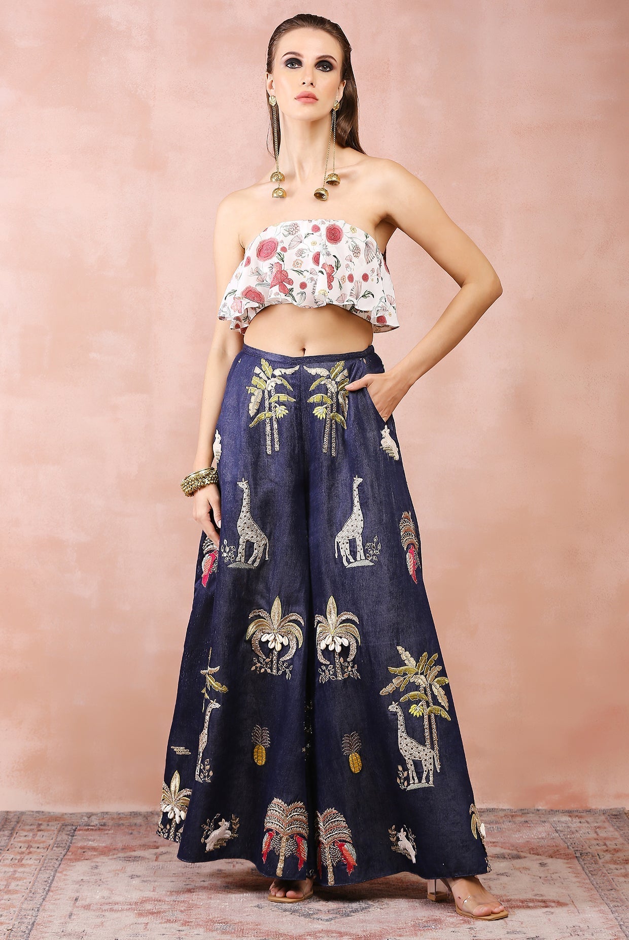 Off white crepe ruffle bustier with pants