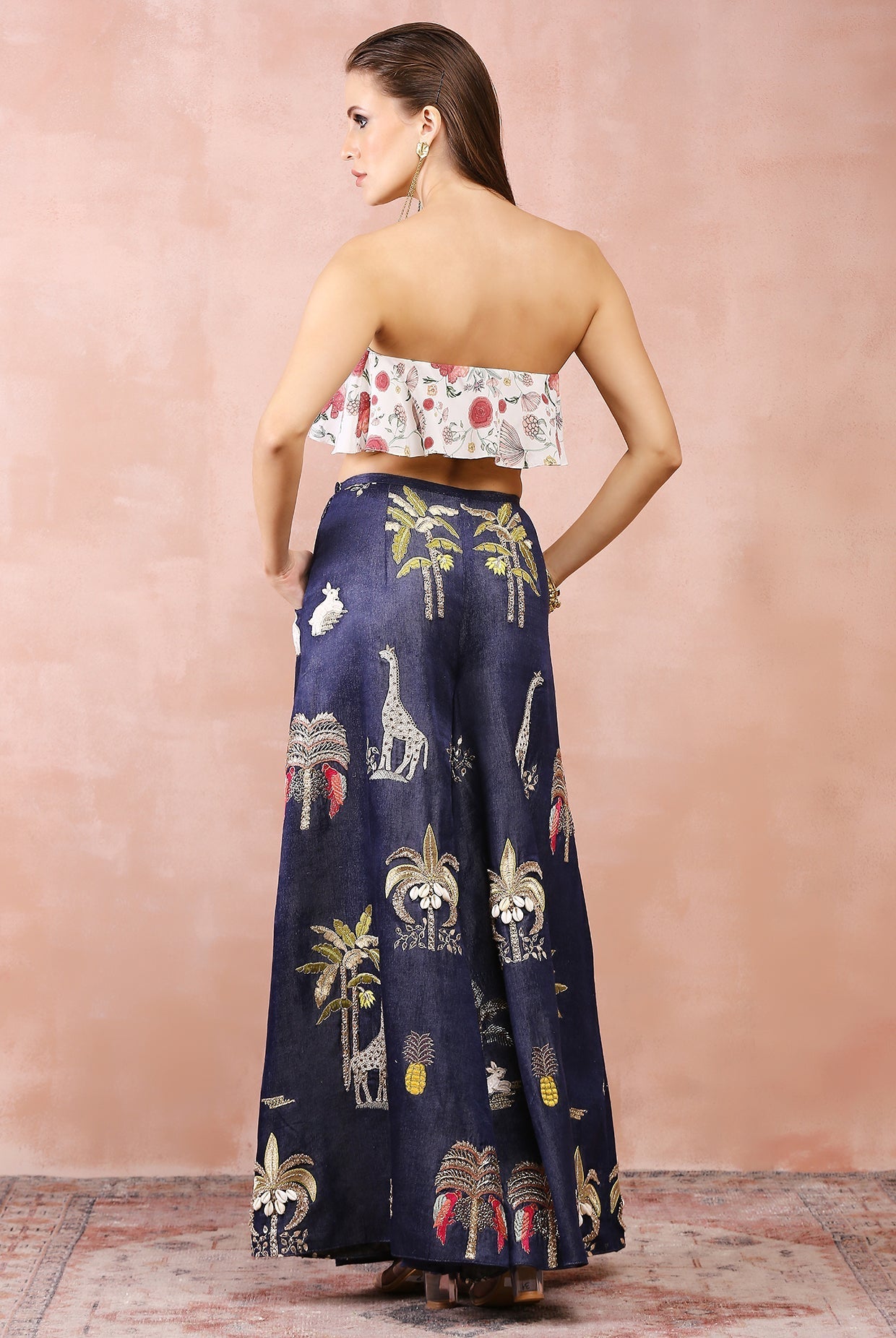 Off white crepe ruffle bustier with pants