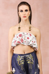 Off white crepe ruffle bustier with pants