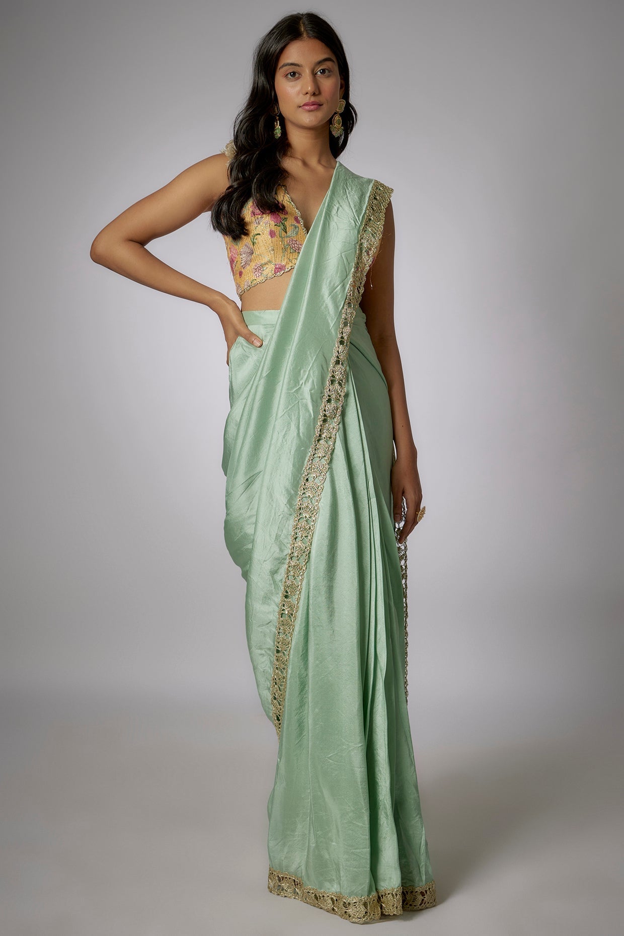Mustard Printed Lurex Choli With Periwinkle Blue Thik Silk Saree