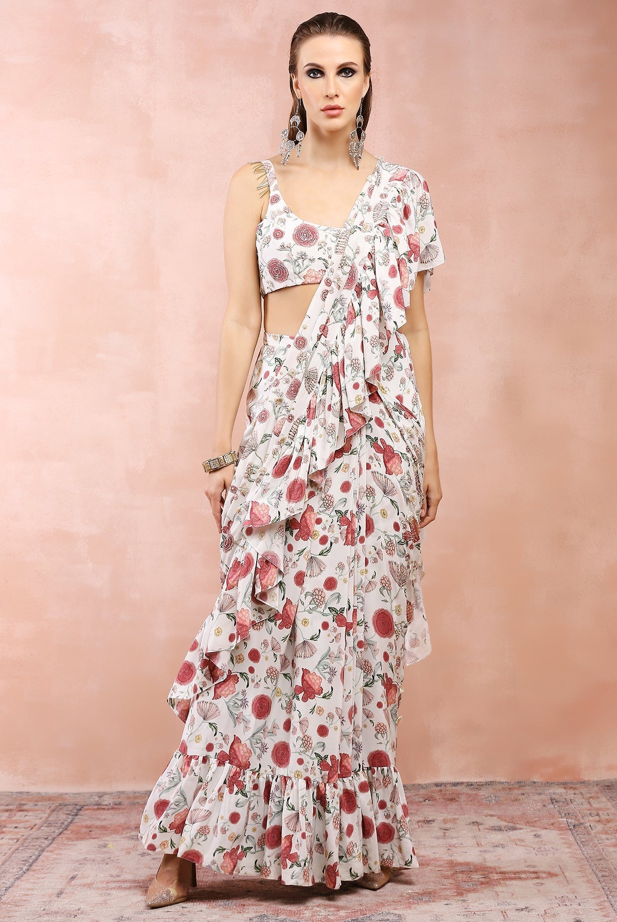 Off White Gulbagh Print Embroidered Choli With Pre-stitched Frill Saree