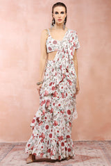 Off White Gulbagh Print Embroidered Choli With Pre-stitched Frill Saree