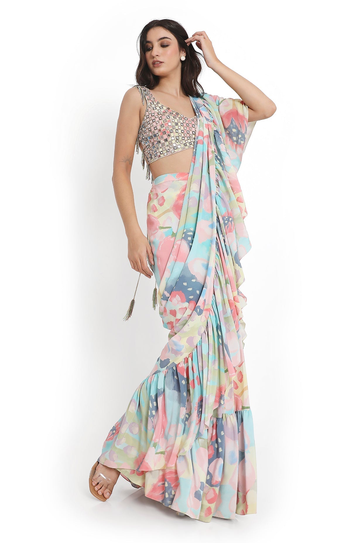Multi Colour Embroidered Choli With Euphoria Printed Ruffle Saree