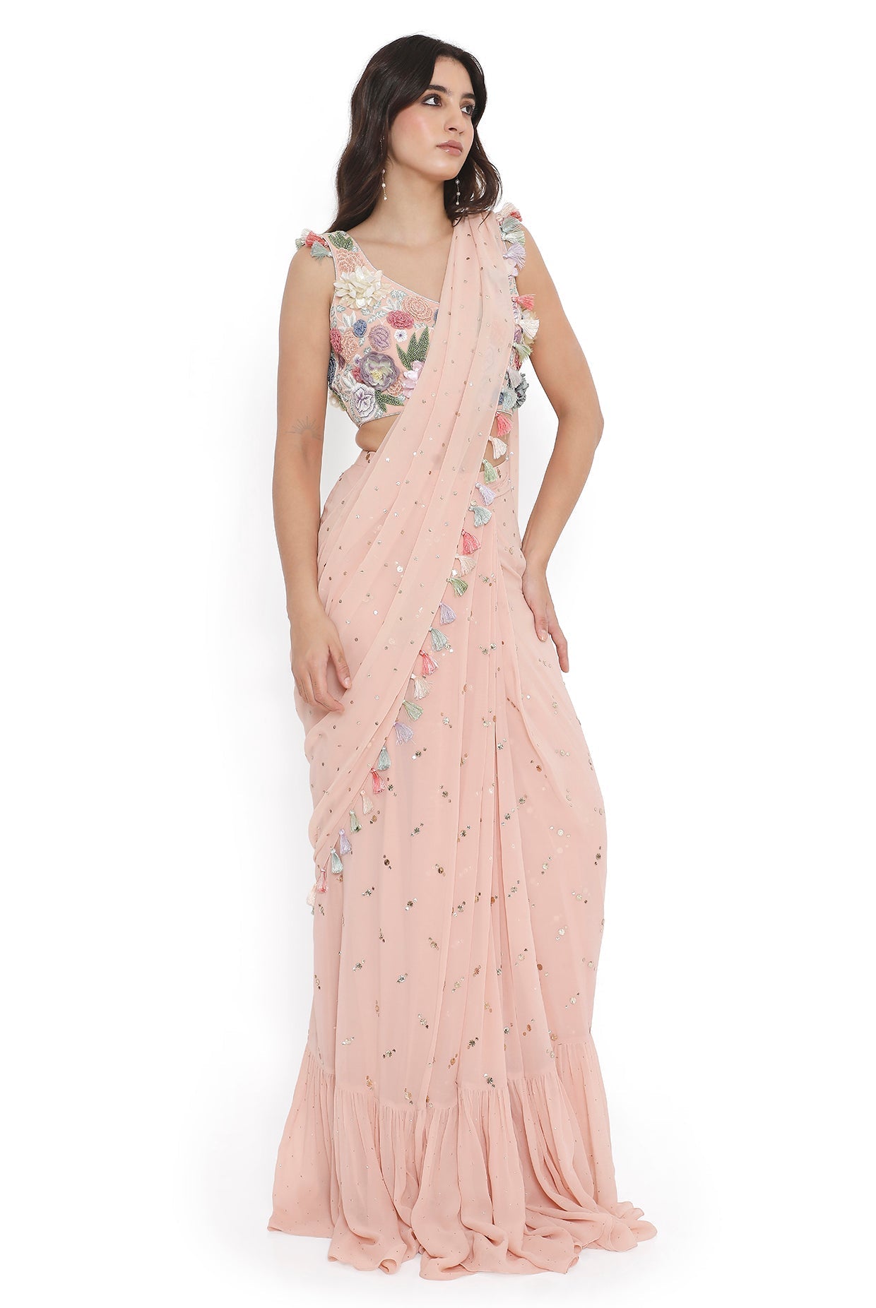 Rose Pink Embroiderd Choli With Embroidered Frill Saree