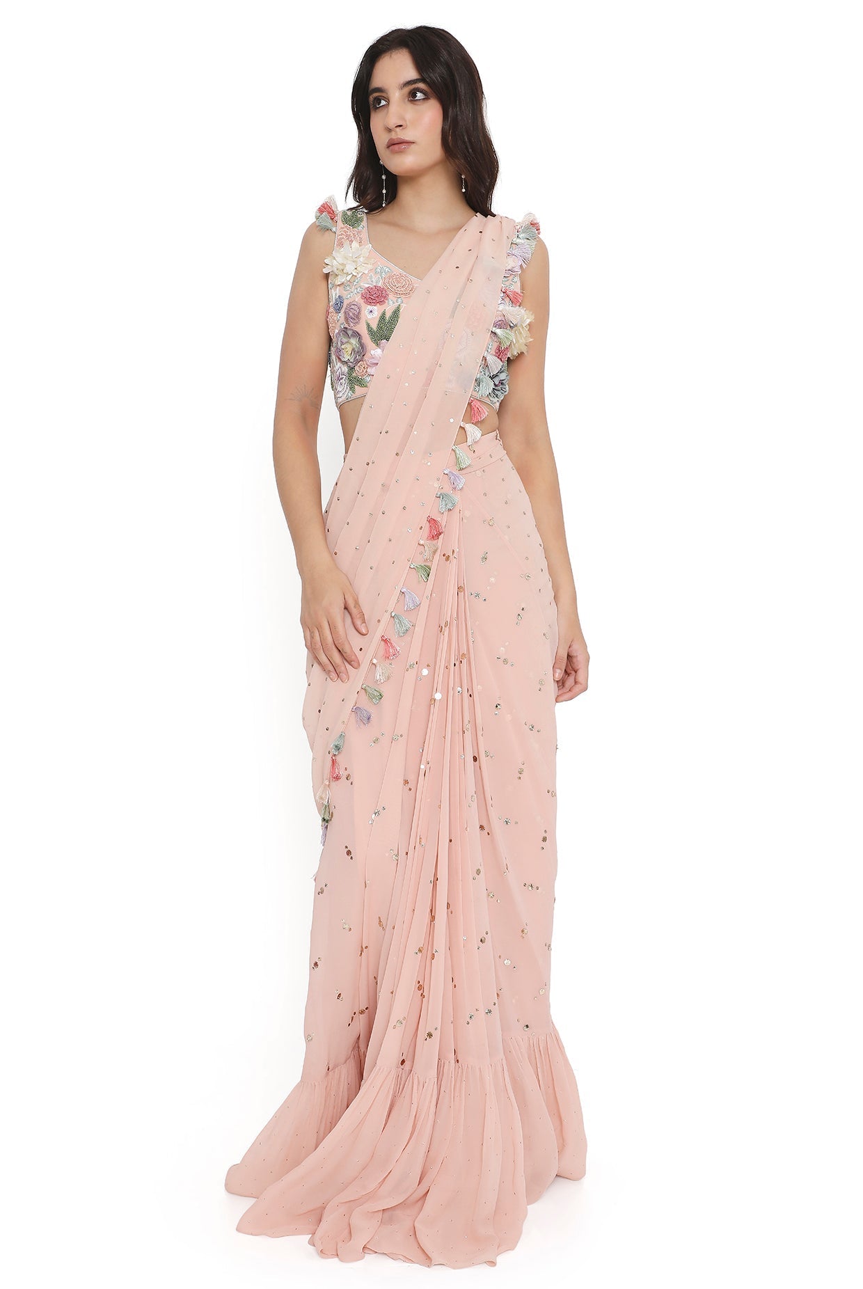 Rose Pink Embroiderd Choli With Embroidered Frill Saree