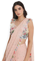 Rose Pink Embroiderd Choli With Embroidered Frill Saree