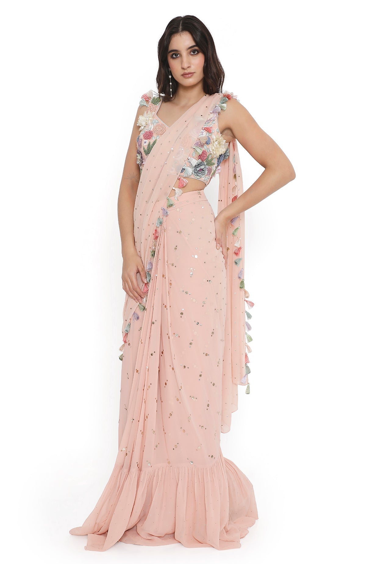Rose Pink Embroiderd Choli With Embroidered Frill Saree