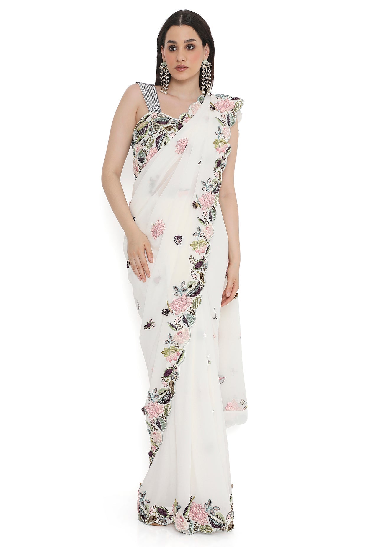 Ivory Embroidered Choli With Embroidered Saree And Petticoat