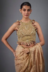 Dull Rose Color Embroidered Tissue Fabric Short Choli With Stitched Saree.