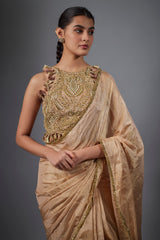 Dull Rose Color Embroidered Tissue Fabric Short Choli With Stitched Saree.
