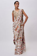 Cream Georgette Embroidered Choli With Cream Ochre Forest Whisper Print Crepe Pre-Stitched Saree.