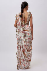 Cream Georgette Embroidered Choli With Cream Ochre Forest Whisper Print Crepe Pre-Stitched Saree.