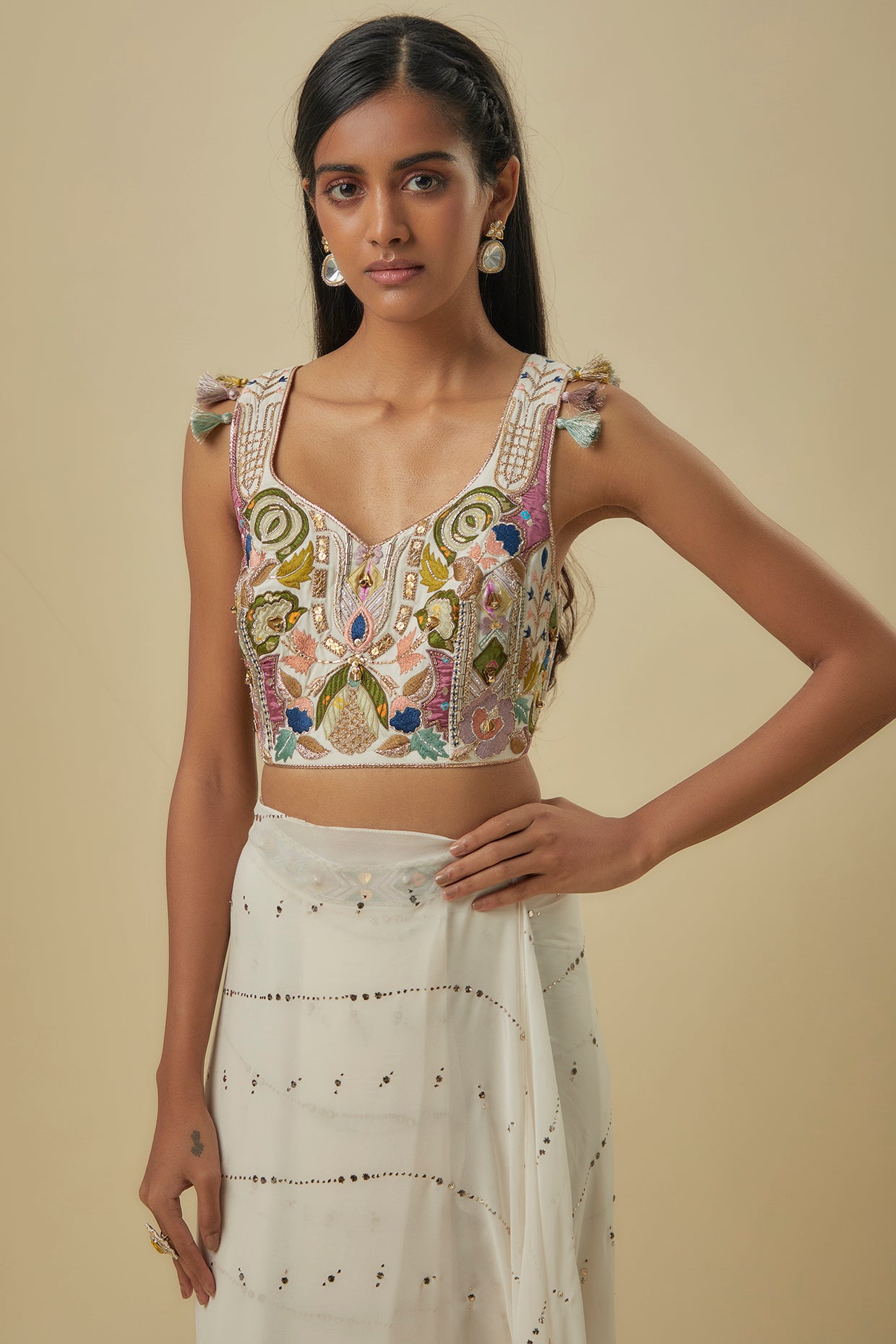 Off-White Georgette Embroidered Choli With Off-White Line Mukash Georgette Saree With Attached Embroidered Belt.