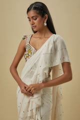 Off-White Georgette Embroidered Choli With Off-White Line Mukash Georgette Saree With Attached Embroidered Belt.