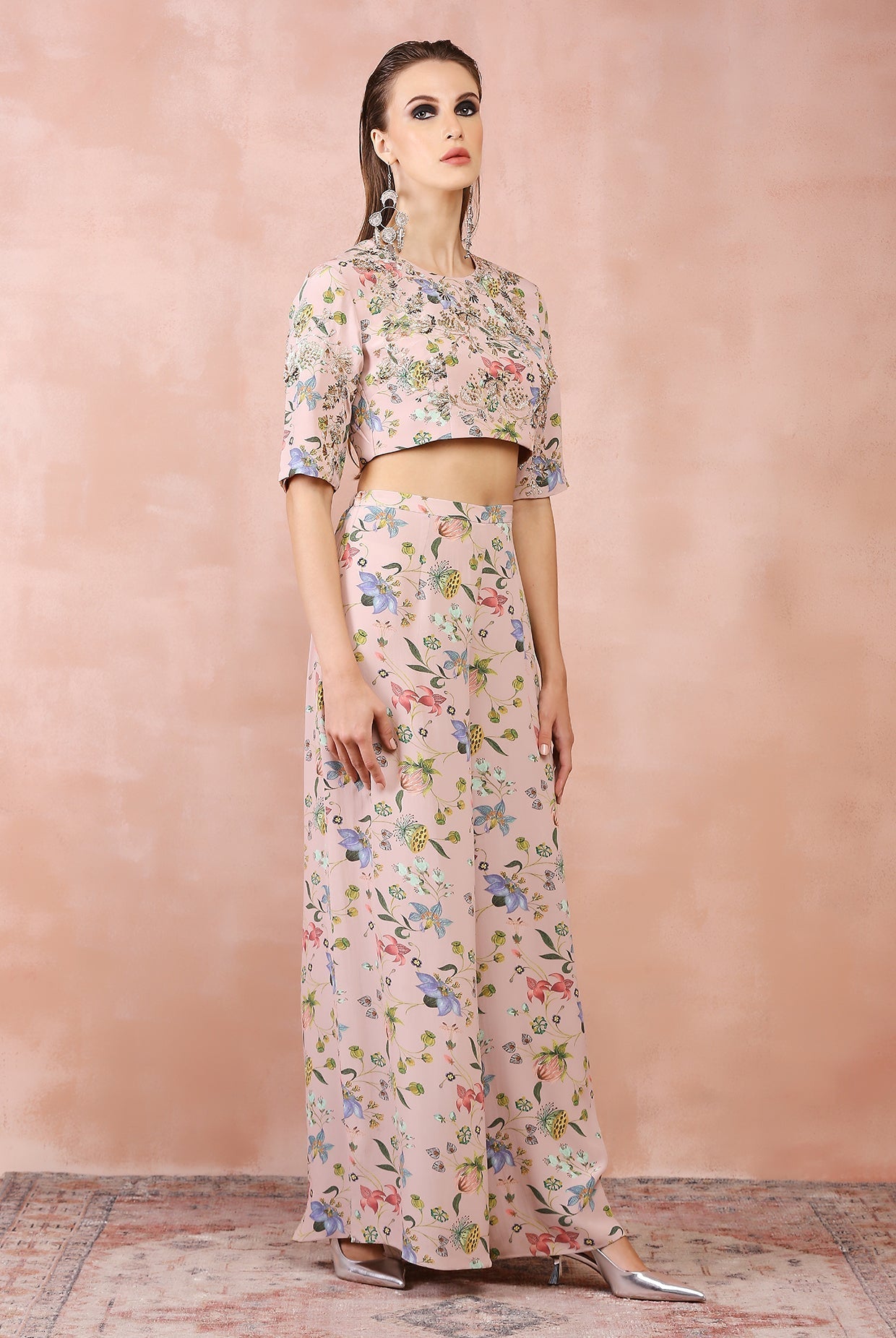 Rose pink nargis print embroidered top with palazzo
