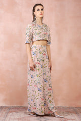 Rose pink nargis print embroidered top with palazzo