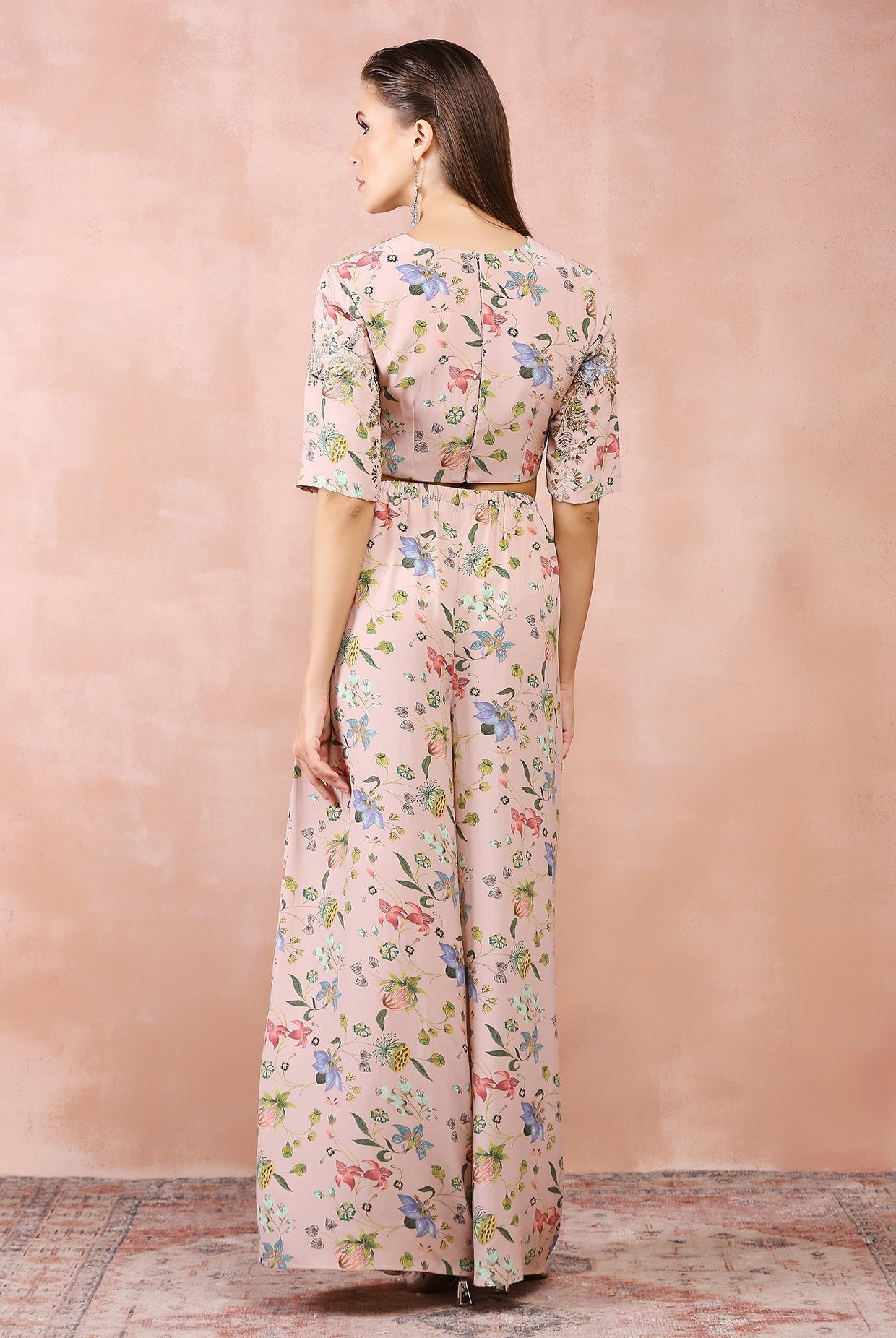 Rose pink nargis print embroidered top with palazzo