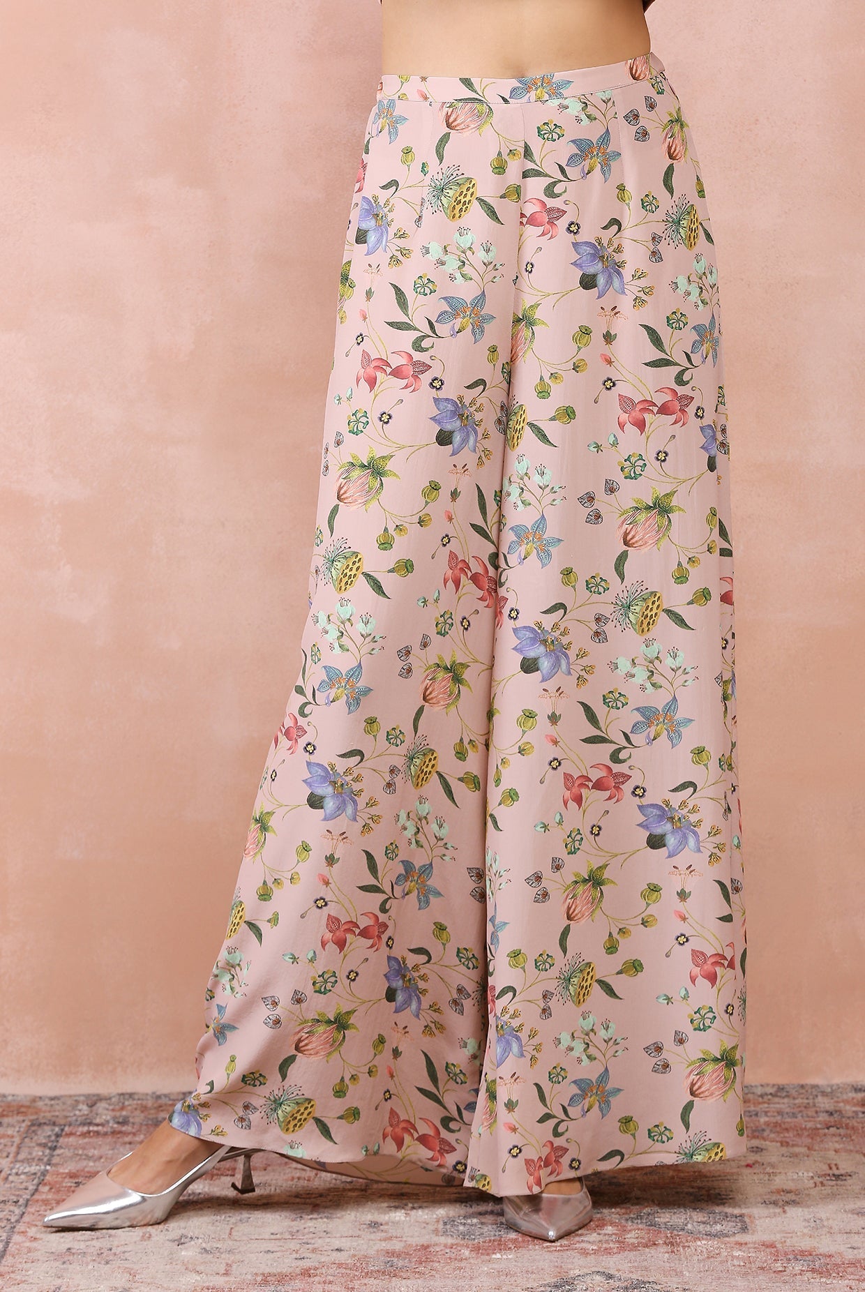 Rose pink nargis print embroidered top with palazzo