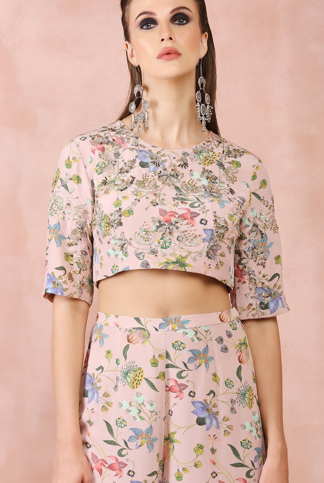 Rose pink nargis print embroidered top with palazzo