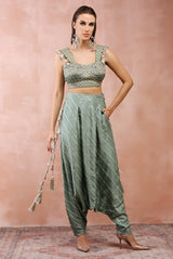 Sage green embroidered corset top with lowcrotch pant and side tassels