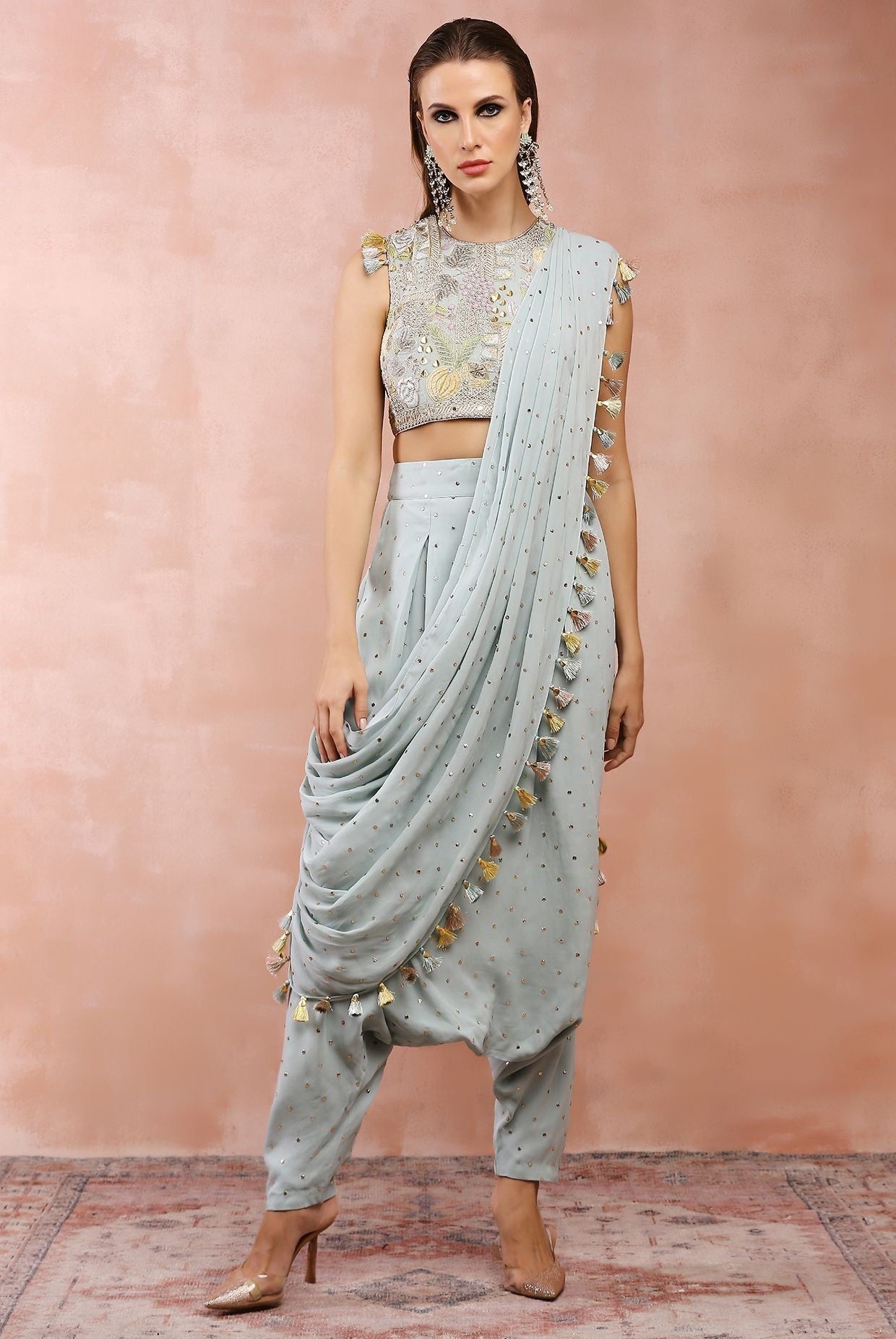 POWDER BLUE EMBROIDERED CHOLI AND LOW CROTCH PANT WITH ATTACHED DRAPE
