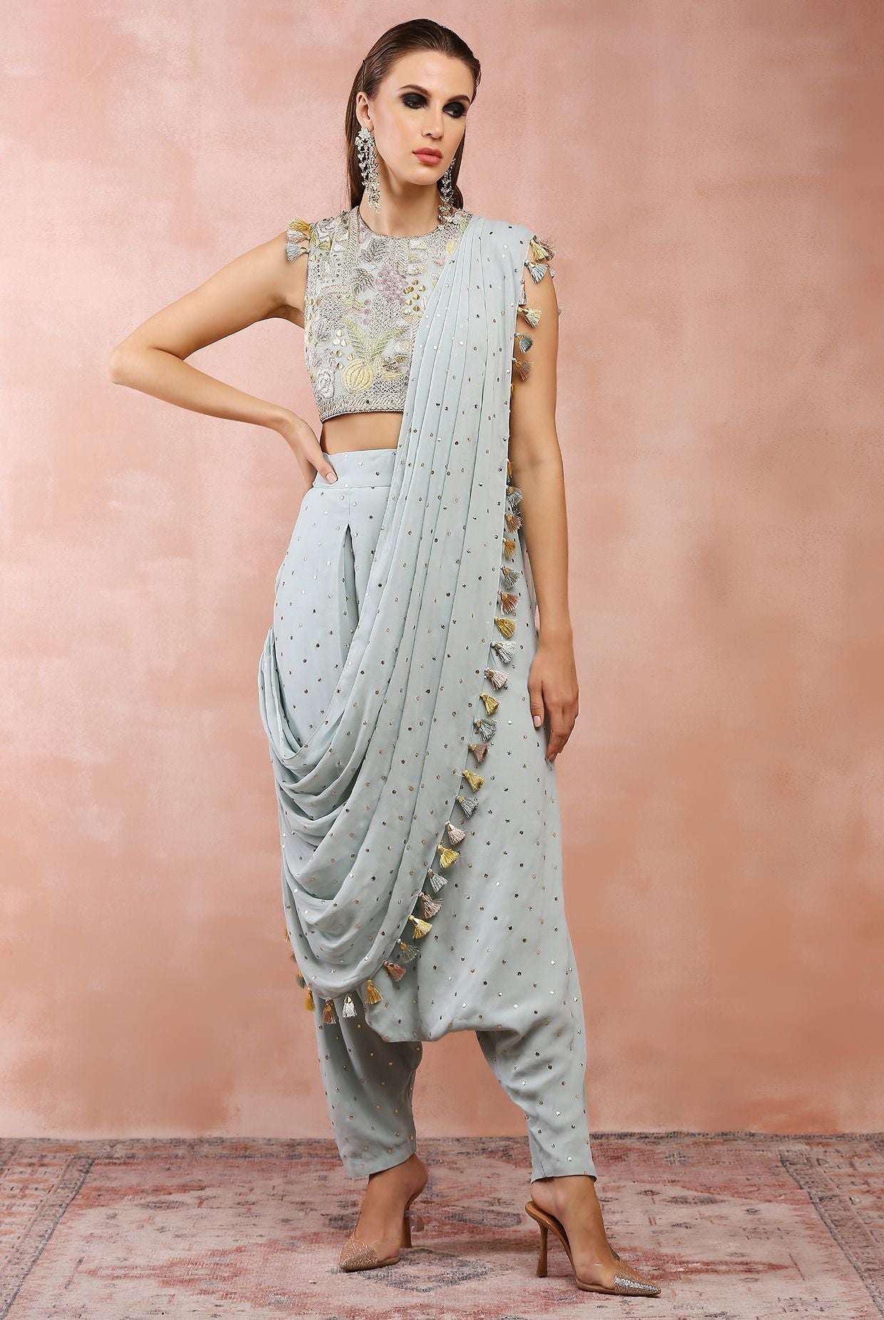 POWDER BLUE EMBROIDERED CHOLI AND LOW CROTCH PANT WITH ATTACHED DRAPE