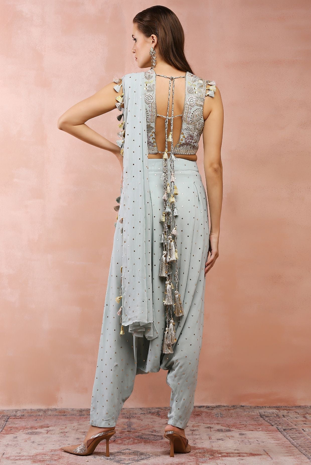 POWDER BLUE EMBROIDERED CHOLI AND LOW CROTCH PANT WITH ATTACHED DRAPE