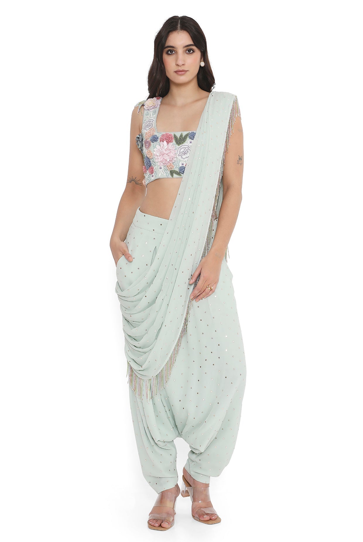 Sea Foam Embroidered Choli With Low Crotch Dhoti Drape