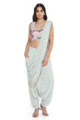 Sea Foam Embroidered Choli With Low Crotch Dhoti Drape