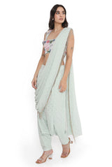 Sea Foam Embroidered Choli With Low Crotch Dhoti Drape