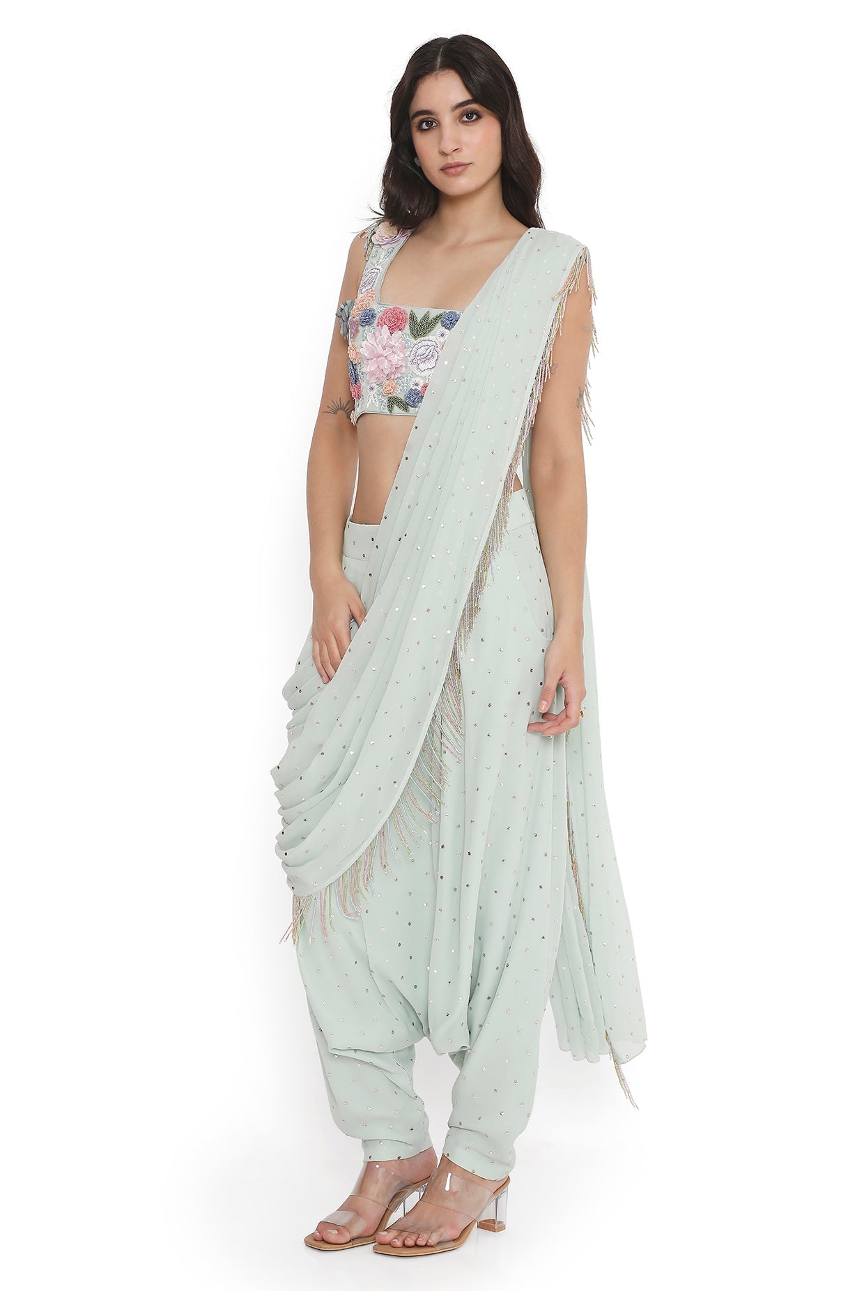 Sea Foam Embroidered Choli With Low Crotch Dhoti Drape