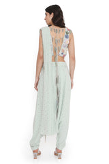 Sea Foam Embroidered Choli With Low Crotch Dhoti Drape