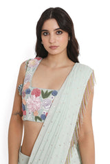 Sea Foam Embroidered Choli With Low Crotch Dhoti Drape