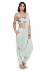 Sea Foam Embroidered Choli With Low Crotch Dhoti Drape