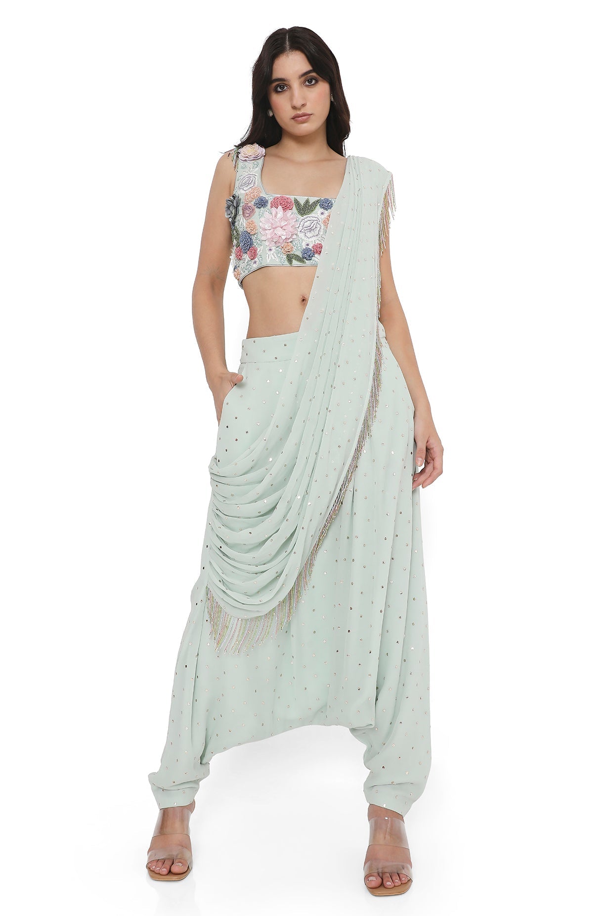 Sea Foam Embroidered Choli With Low Crotch Dhoti Drape
