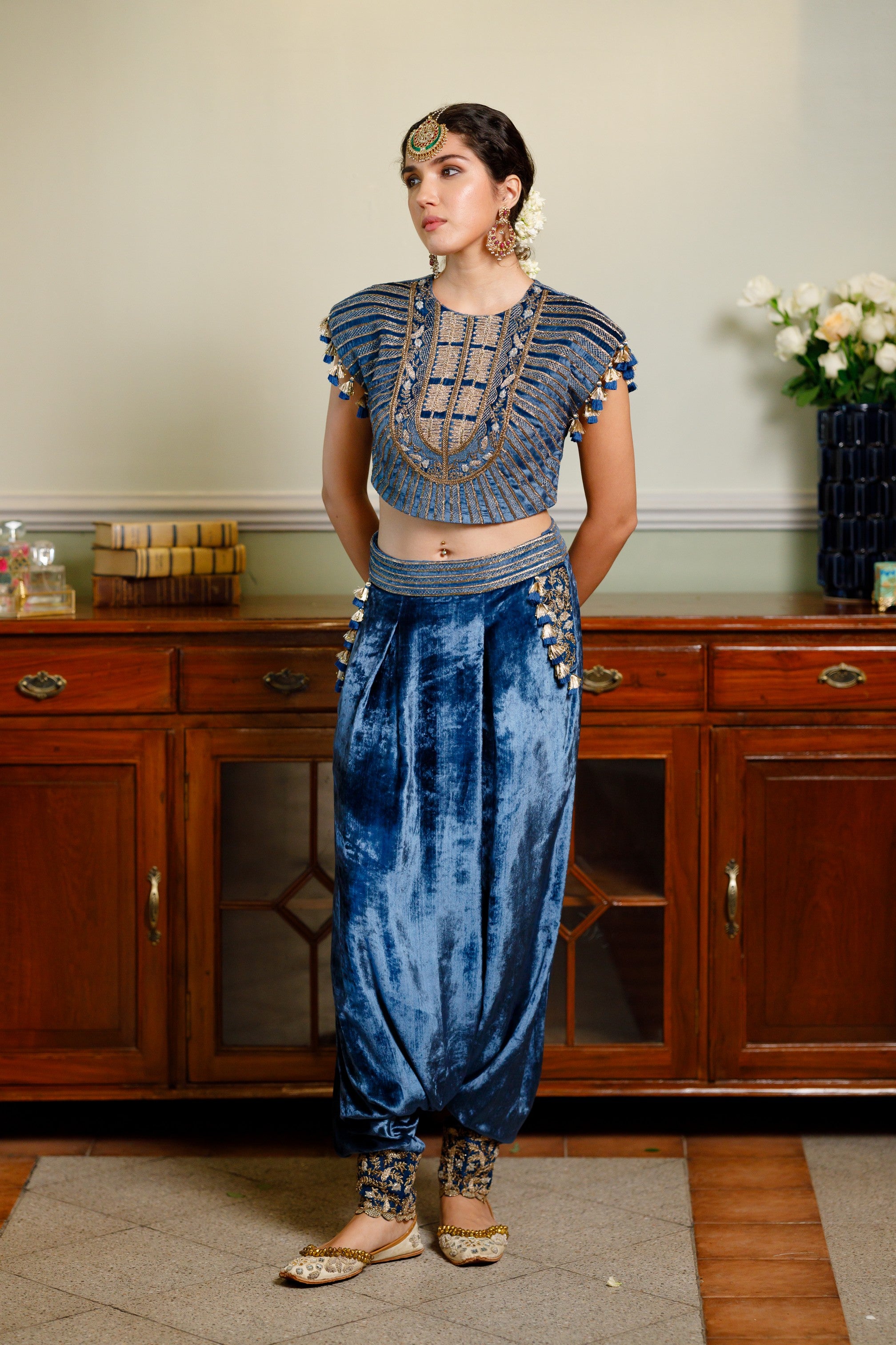 Qirat Navy Blue Embroidered Boxy Choli And Low Crotch Pant