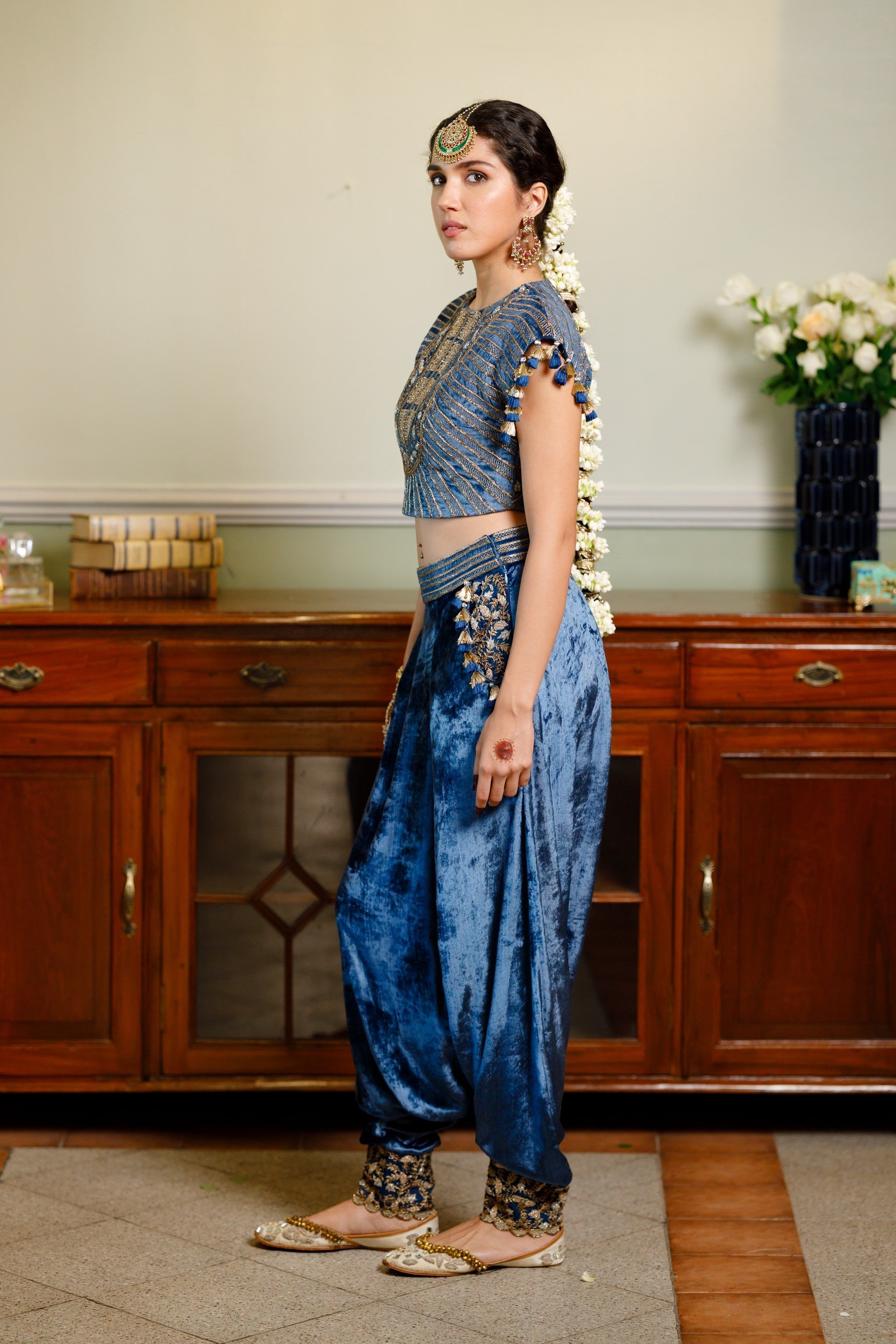 Qirat Navy Blue Embroidered Boxy Choli And Low Crotch Pant