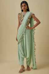 Mint Embroidered Georgette Choli With Heavy Mukaish Georgette Dhoti Saree.