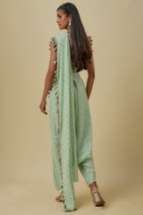 Mint Embroidered Georgette Choli With Heavy Mukaish Georgette Dhoti Saree.