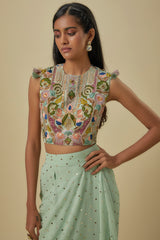 Mint Embroidered Georgette Choli With Heavy Mukaish Georgette Dhoti Saree.