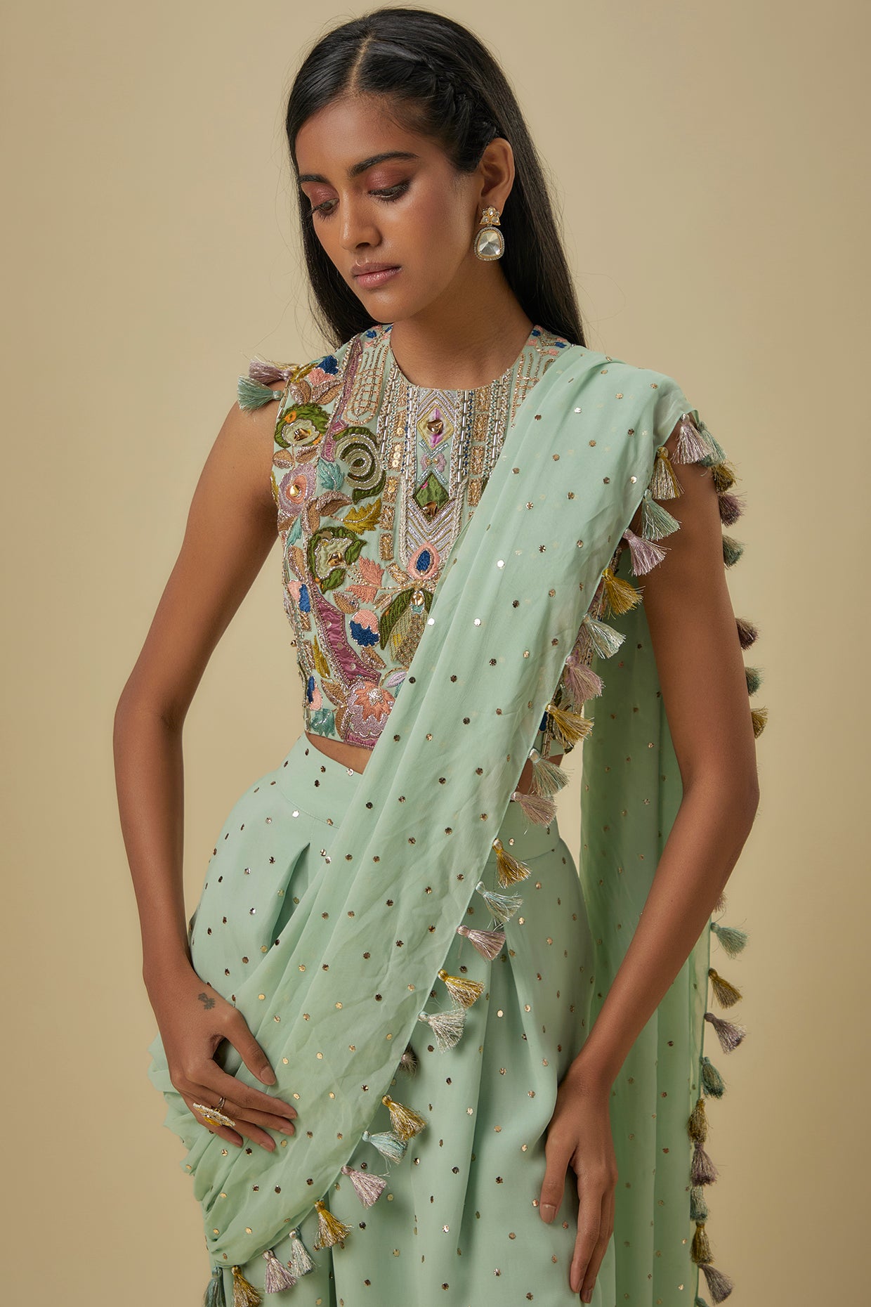 Mint Embroidered Georgette Choli With Heavy Mukaish Georgette Dhoti Saree.