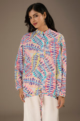Blue Printed Crepe Top With Waist Tie Up