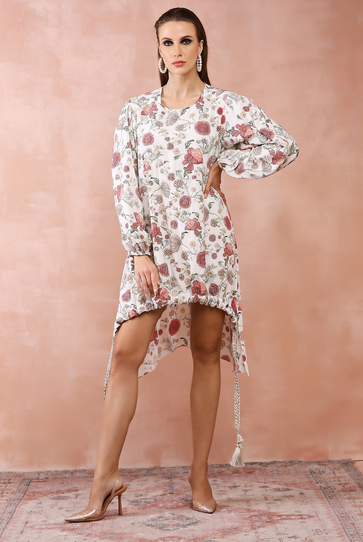 White gulbagh print front embroidered drawstring top